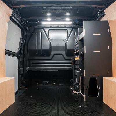 Rear van side angle view of the Fiat Scudo 2022+ DeWalt TSTAK Trolley Compatible Van Racking - Front displayed with DeWalt TSTAK trolley