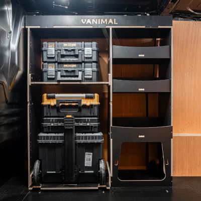 Side van view of the Fiat Scudo 2022+ DeWalt TSTAK Trolley Compatible Van Racking - Front displayed with DeWalt TSTAK trolley