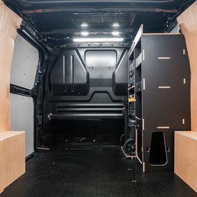 Rear van side angle view of the Fiat Scudo 2022+ DeWalt TSTAK Trolley Compatible Van Racking - Front displayed with DeWalt TSTAK trolley