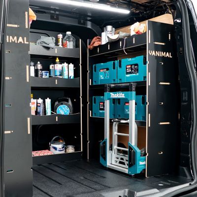 Rear van OS side angle view of the Ford Transit Custom 2024- LWB Crew Cab Twin MakPac and Bulkhead V2 Hexaboard Van Racking displayed with Makita toolboxes and tools