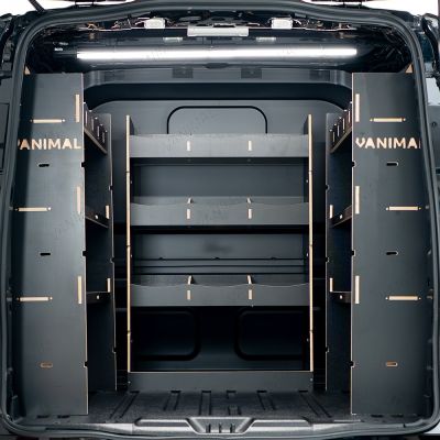 Rear van view of the Ford Transit Custom 2024- LWB Crew Cab Twin MakPac and Bulkhead V2 Hexaboard Van Racking