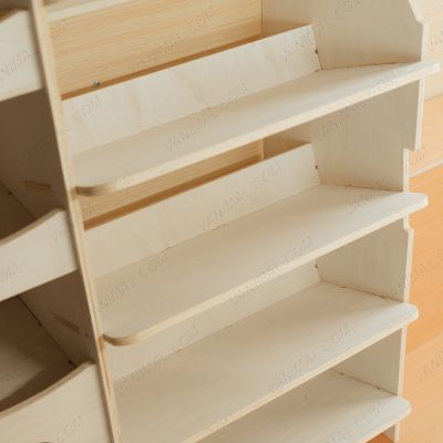 Close-up view of the angled toolbox shelves