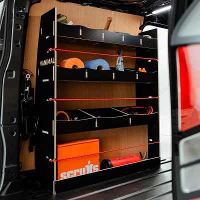 NS side view of the Ford Transit Custom SWB 2023-2023 Hexaboard Complete Full Van Racking Solution displaying equipment, tools and boxes 