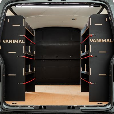 Rear van view of the VW Transporter T5/T6 L1 Hexaboard Double Rear MakPac/Toolbox Van Racking (Pair)
