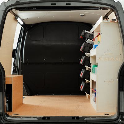 Rear van view of the Fiat Scudo Driver Side Ulti-Rack Van Racking V2 displayed with Milwaukee toolboxes and equipment