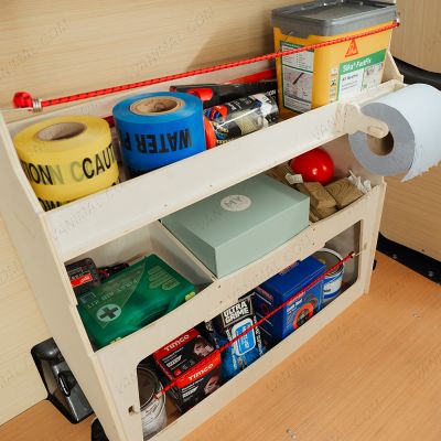 Close-up view of the Fiat Scudo Rear Ulti-Rack Van Racking V2 compartments displayed with tools and equipment