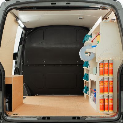 Rear van view of the Fiat Scudo Driver Side Ulti-Rack Van Racking V2 displayed with Makita toolboxes and equipment