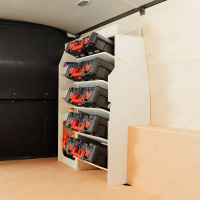 Rear van side angle view of the Fiat Scudo Front Ulti-Rack Van Racking V2 displaying Milwaukee toolboxes