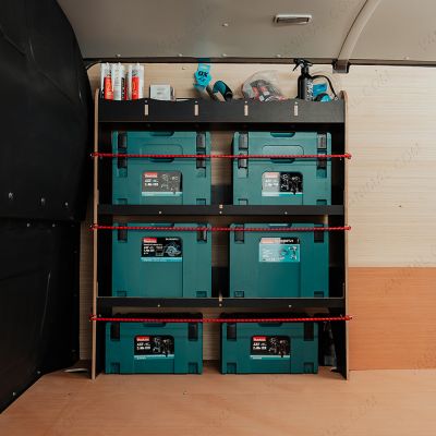 Side van view of the Fiat Scudo Hexaboard OS Front MakPac/Toolbox Van Racking displayed with Makita toolboxes and equipment