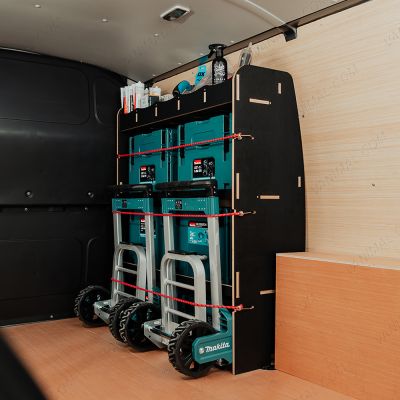 Rear van side angle view of the Fiat Scudo Hexaboard OS Front MakPac/Toolbox Van Racking displayed with Makita toolboxes, trolleys and equipment