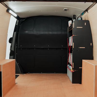 Rear van view of the Fiat Scudo Hexaboard OS Front MakPac/Toolbox Van Racking displayed with Euro boxes and equipment