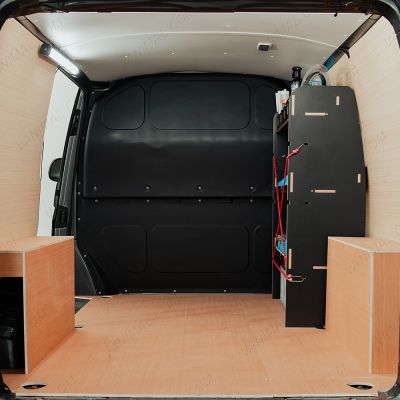 Rear van view of the Fiat Scudo Hexaboard OS Front MakPac/Toolbox Van Racking displayed with toolboxes and equipment