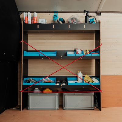 Side van view of the Fiat Scudo Hexaboard OS Front MakPac/Toolbox Van Racking displayed with toolboxes and equipment