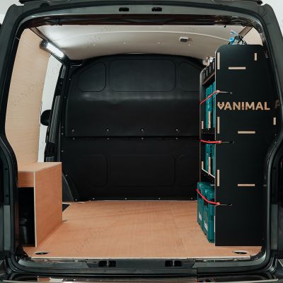 Rear van view of the Fiat Scudo LWB Hexaboard OS Rear MakPac/Toolbox Van Racking displayed with Makita toolboxes