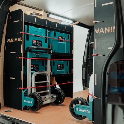 NS side view of the VW Transporter T5/T6 L1 Hexaboard Double Rear MakPac/Toolbox Van Racking (Pair) displaying equipment, tools and boxes