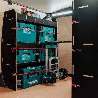 Side van view of the VW Transporter T5/T6 L1 Hexaboard Double Rear MakPac/Toolbox Van Racking (Pair)