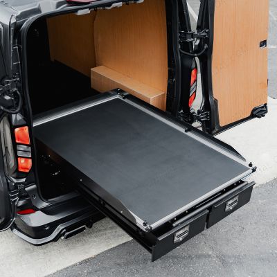 Side van rear top angle view of the VW Transporter T7 2025- ProTop Twin Drawer System with Sliding Tray displayed with drawers and sliding tray open