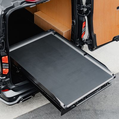Side van rear top angle view of the VW Transporter T7 2025- ProTop Twin Drawer System with Sliding Tray displayed with sliding tray open