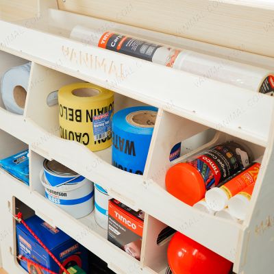 Close-up view of the Fiat Scudo Rear Ulti-Rack Van Racking compartments displayed with tools