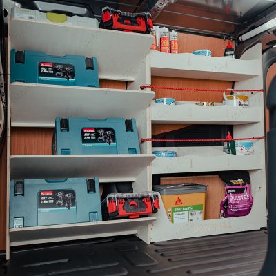 Organised storage solution for Nissan Townstar 2022 L2 driver-side van racking, bungee cord ready