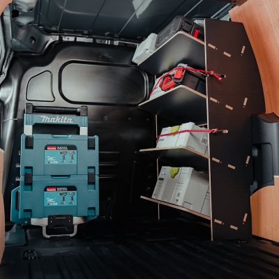 Organised storage solution for Nissan Townstar 2022 L2 OS front toolbox shelving, black textured finish