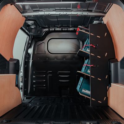 Organised storage solution for Nissan Townstar 2022 L2 OS front toolbox racking, black textured finish