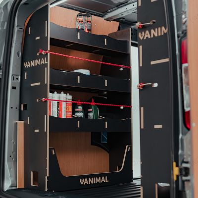 Organised storage solution for Nissan Townstar 2022 L2 van racking, black textured finish