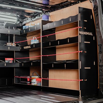 Close-up view of the Hexaboard OS Rear Van Racking and Bulkhead/Front RH L-Rack for the Transit Custom 2023- LWB 