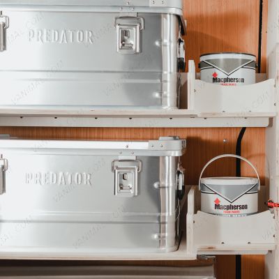 Close-up view of the Transit Custom 2023- Predator Storage Box (x3) Ply Racking System - side storage