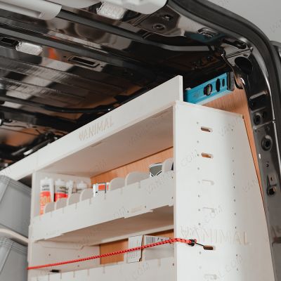 Close-up view of the VW Transporter T7 SWB Plywood Driver-Side Top Tray