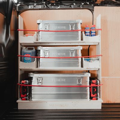 Side van view of the Transit Custom 2023- Front Predator Storage Box (x3) Ply Racking System - displayed with bungee cords