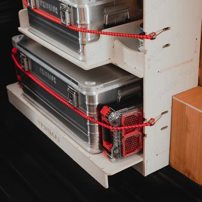 Close-up view of the bottom of the Front Predator Storage Box (x3) Ply Racking System for the Transit Custom 2023- 