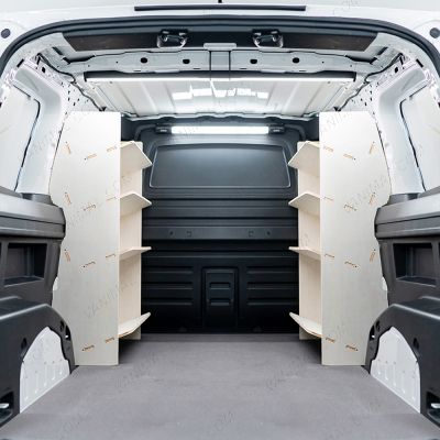 Rear van view of the Partner L2 Double Front Angled-In Toolbox Shelving Van Racking