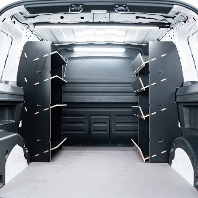 Rear van view of the Proace City Long Double Front NS & Side Load OS Toolbox Hexaboard Van Racking