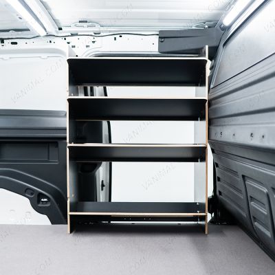 Driver side view of the Proace City Long Double Front NS & Side Load OS Toolbox Hexaboard Van Racking - sliding door displayed open