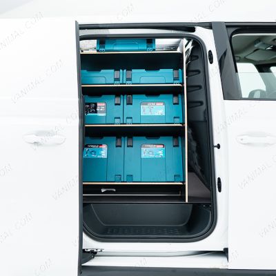 OS side view of the Proace City Long Double Front NS & Side Load OS Toolbox Hexaboard Van Racking - makita boxes displayed 