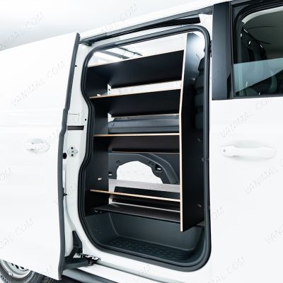 OS side angle view of the Proace City Long Double Front NS & Side Load OS Toolbox Hexaboard Van Racking 