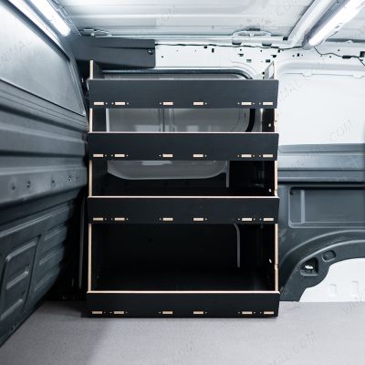 Passenger side view of the Proace City Long Double Front NS & Side Load OS Toolbox Hexaboard Van Racking 