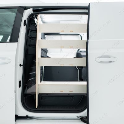 Outside van view of the Peugeot Partner L2 NS Front x4 Angled-In Toolbox Shelves Van Racking