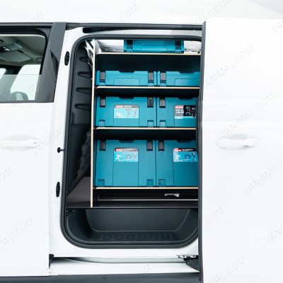 NS side van view of the Proace City Long Double Front NS Side Load & OS Toolbox Hexaboard Van Racking - makita boxes displayed