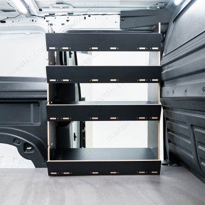 Driver side van view of the Proace City Long Double Front NS Side Load & OS Toolbox Hexaboard Van Racking - sliding door displayed open