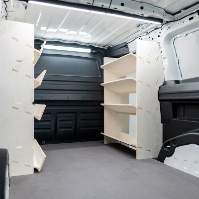 OS side angle view of the Peugeot Partner L2 Double Front NS Side Load & OS Toolbox Van Racking