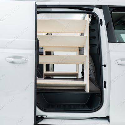 Driver side view of the Peugeot Partner L2 Double Front Side Load Toolbox Shelving Van Racking