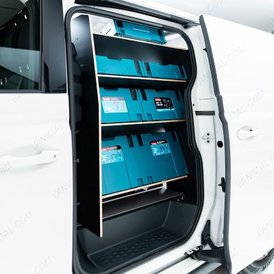 Close-up NS side angle van view of the Partner L2 NS Front x4 Side Load Toolbox Shelves Hexaboard Van Racking - displayed with makita boxes