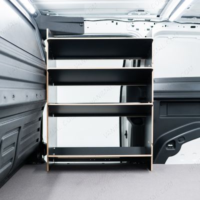 NS side van view of the Peugeot Partner L2 OS Front x4 Angled-In Toolbox Shelves Hexaboard Van Racking - OS door displayed open
