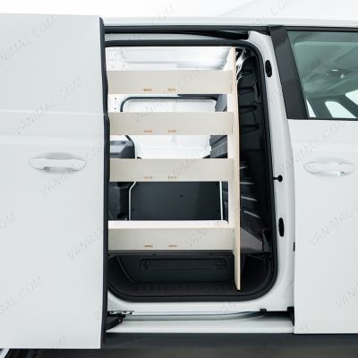 OS side van view of the Peugeot Partner L2 OS Front x4 Angled-In Toolbox Shelves Van Racking