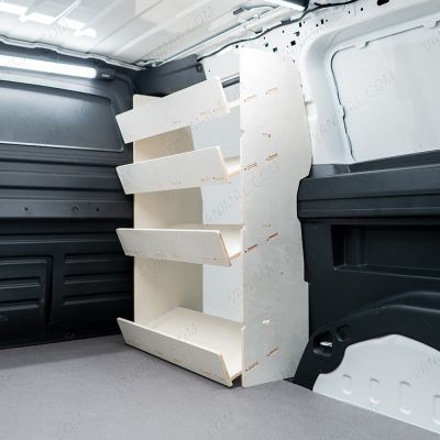 Rear van side angle view of the Peugeot Partner L2 OS Front x4 Side Load Toolbox Shelves Van Racking