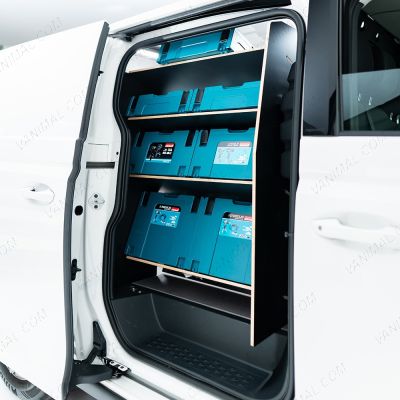 Driver side angle view of the Proace City Long Double Front Side Load Toolbox Hexaboard Van Racking - makita boxes displayed