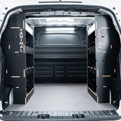 Rear van view of the Proace City Long Double Rear Multi-Compartment Hexaboard Van Racking