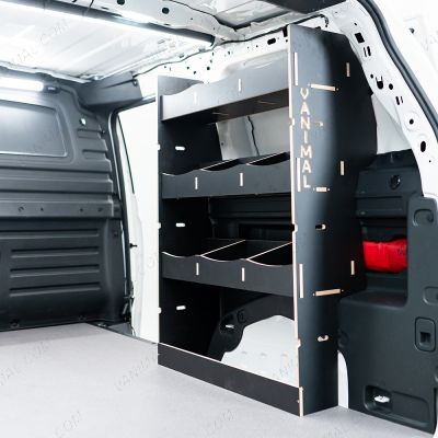 OS side angle view of the Proace City Long Double Rear Multi-Compartment Hexaboard Van Racking